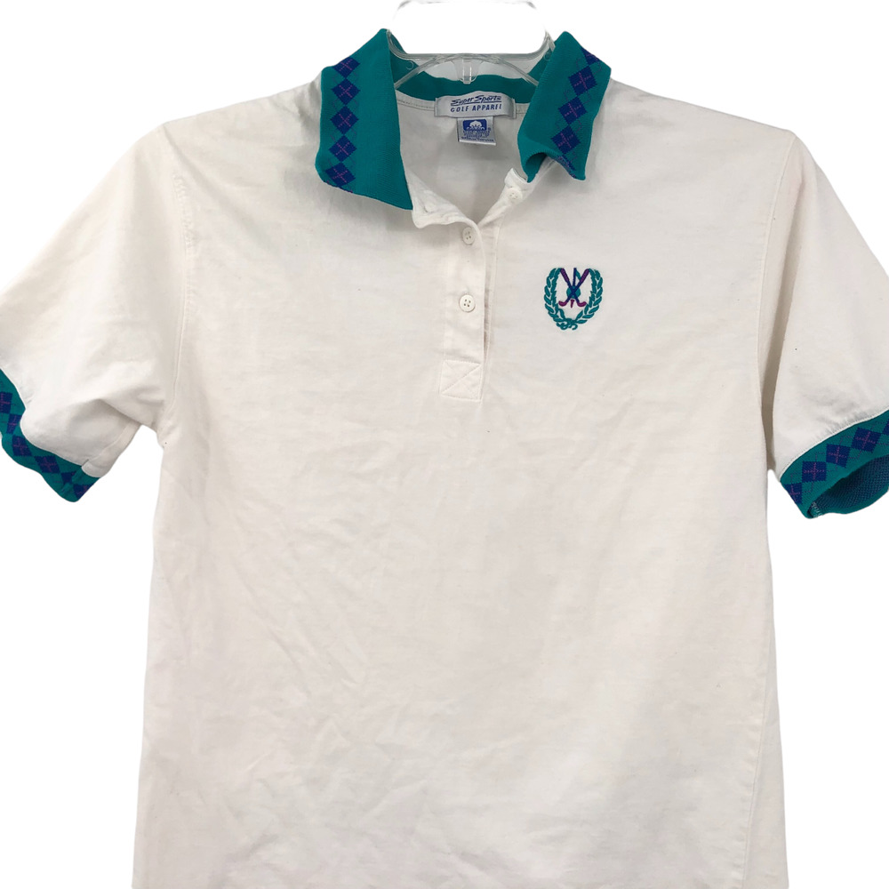 VTG Super Sports Mens Golf Apparel Cotton White Teal Golfing Shirt Size Medium
